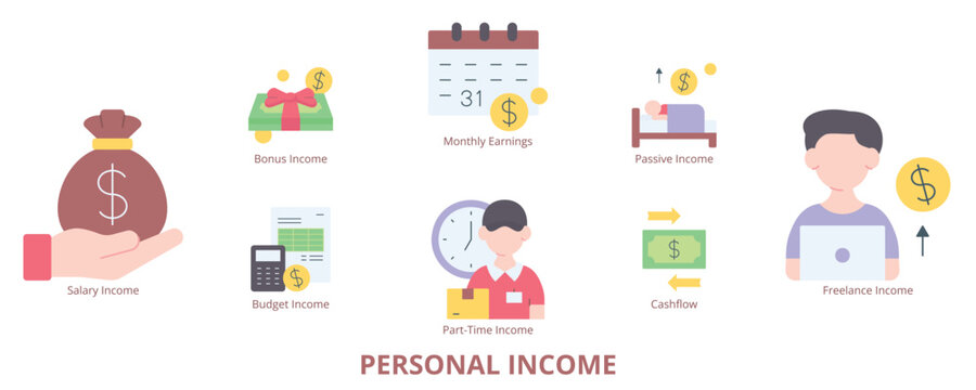 Personal Income Flat Banner Web Icon Set Vector Illustration