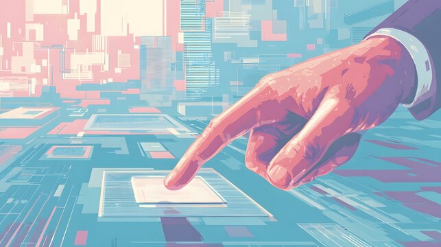 A hand in a suit points a finger at a digital interface with a futuristic city backdrop, utilizing pastel hues to evoke a sense of technological advancement and interaction within a modern... - Powered by Adobe