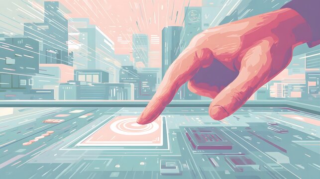 Futuristic illustration depicts a hand interacting with a digital interface, possibly a touchscreen, with abstract architectural elements suggesting an advanced technological environment or urban...