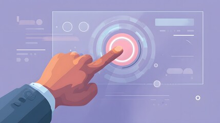 Finger presses illuminated button on a digital interface, depicting a user interacting with a modern, futuristic technological display with various data elements and a minimalist color palette,...