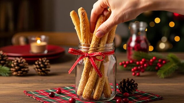 Christmas-themed breadsticks in jar with red ribbon on wooden table holiday dessert