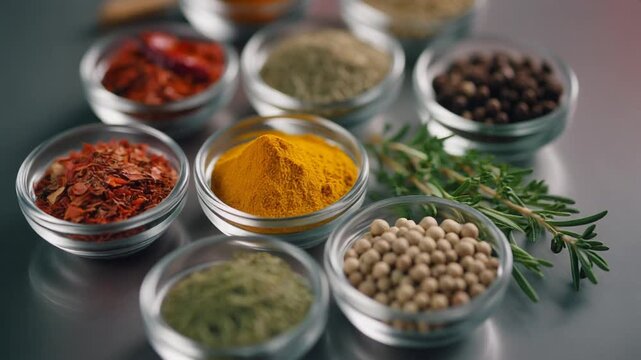 Aromatic assortment of colorful ground spices and whole peppercorns with fresh rosemary in glass bowls for culinary use