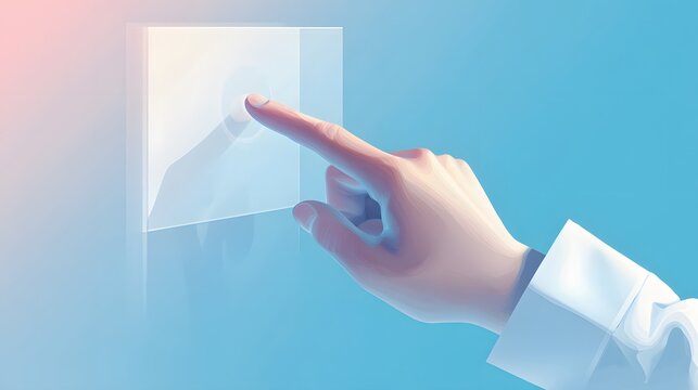 Human hand touching a virtual interface, with the index finger making contact on a transparent screen.