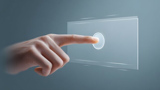 Human hand with a pointed finger presses a glowing button on a transparent interface screen, depicted on a soft, blurred background with subtle gradients, conveying a sense of modern technology and... - Powered by Adobe