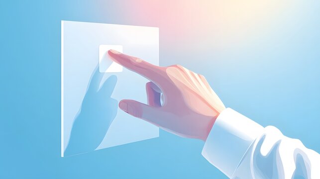 Human hand reaching out to press a glowing button on a transparent panel, with the index finger making contact, set against a gradient blue background, showing digital interface concept.