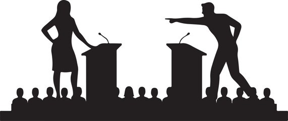  Political Debate or Argument Silhouette Man and Woman Speakers at Podiums with an Audience, Illustrating Public Discourse, Conflict, or Discussion.
