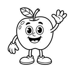 A black and white illustration of an anthropomorphic apple character. 