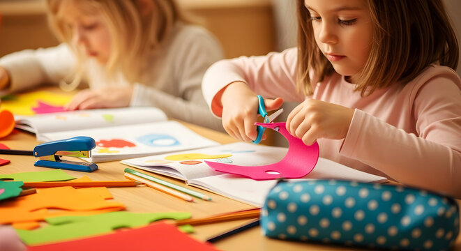 Capture the essence of childhood with this heartwarming image of two young girls engrossed in a delightful arts and crafts session, a truly precious moment. - Powered by Adobe