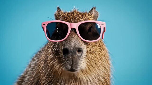 Capybara proudly wears trendy sunglasses and bright pink hat against serene blue background, perfectly embodying playful sophistication and modern appeal for various marketing contexts such as.