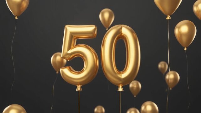 3D render of golden number 50 balloons rising for anniversary