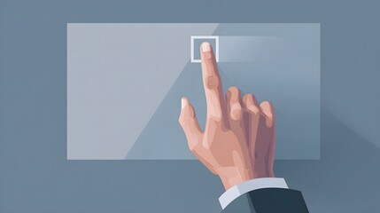 Depiction of a human hand reaching towards and tapping a digital interface element, highlighting a selection process or interaction, set against a muted, light-gray backdrop, conveying a sense of...