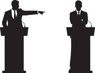 Two silhouetted men at podiums, one pointing, symbolizing a heated debate, political argument, public speaking, or confrontation