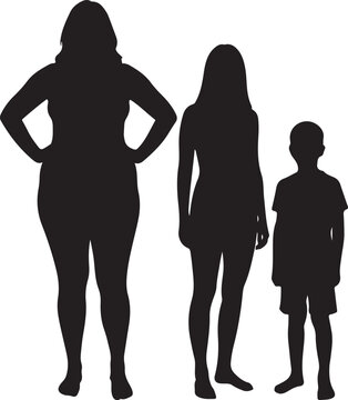 Diverse family silhouettes with different body types and ages, featuring two women and a young child standing together against a white background, symbolizing generations and human figures
