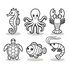 Set sea Creatures Coloring Page vector style
