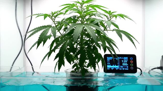 Hydroponic Cannabis Cultivation: Close-up of Growing Plant with Digital Monitoring System Displaying Vital Statistics