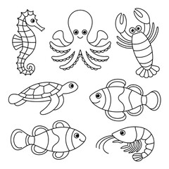 Set sea Creatures Coloring Page vector style 