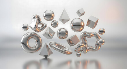 Abstract 3D Arrangement of Floating Chrome Geometric and Organic Liquid Shapes