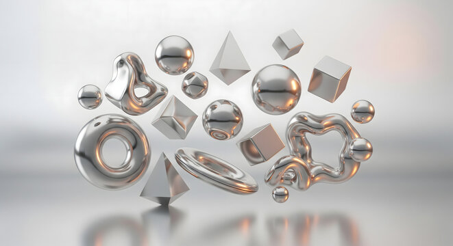 Abstract 3D Arrangement of Floating Chrome Geometric and Organic Liquid Shapes