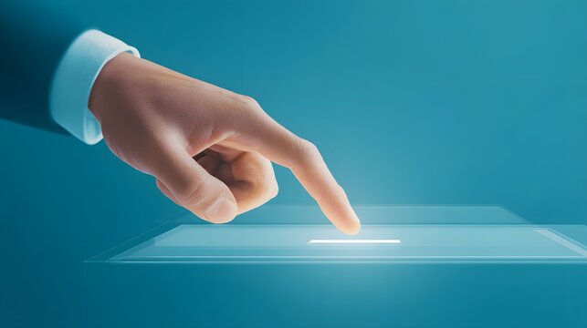 of a person's hand with a pointing finger interacting with an illuminated touch screen or digital interface against a teal-colored backdrop, representing technology access.