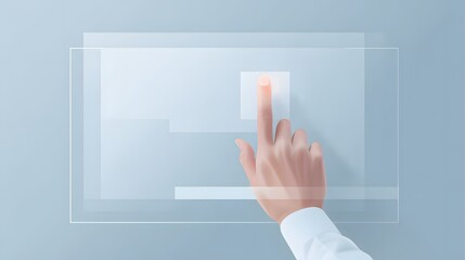 A single finger gently touches a transparent screen, suggesting interaction and digital interface on a soft blue background.