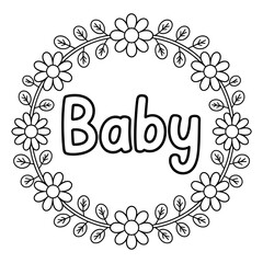 Baby art round frame with flowers coloring page