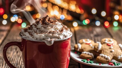 Steaming mug of hot chocolate with whipped cream and gingerbread cookies on a rustic wooden table with bokeh lights, festive celebration footage. - Powered by Adobe