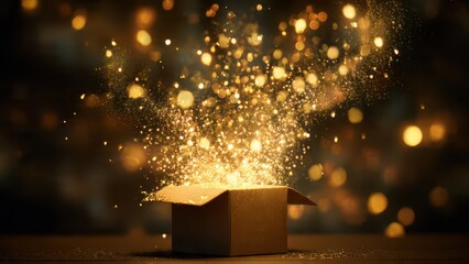 Open cardboard box emitting a burst of golden sparkles and bokeh lights on a dark blurred background