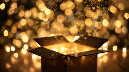 Open cardboard box emitting bright light with bokeh background and gold glitter effect around the box