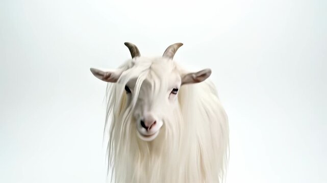 Playful goat with impressively long white hair and distinctive horns takes center stage on a clean white background, capturing the lighthearted and whimsical essence of these endearing creatures.