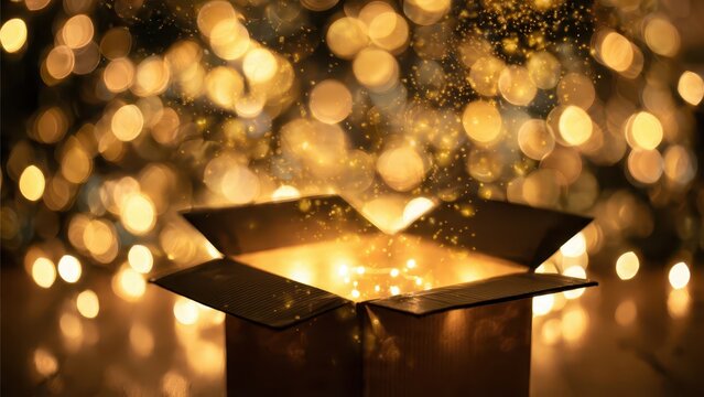 Open cardboard box emitting bright light with bokeh background and gold glitter effect around the box