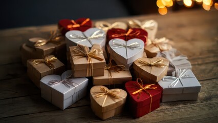 Assorted gift boxes with ribbons and heart shaped boxes on a wooden surface with bokeh lights