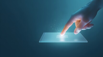 Human hand pointing to glowing futuristic interface with interactive digital display, showcasing technology concept, futuristic interface, illuminated with bright glow, offering space for text and...