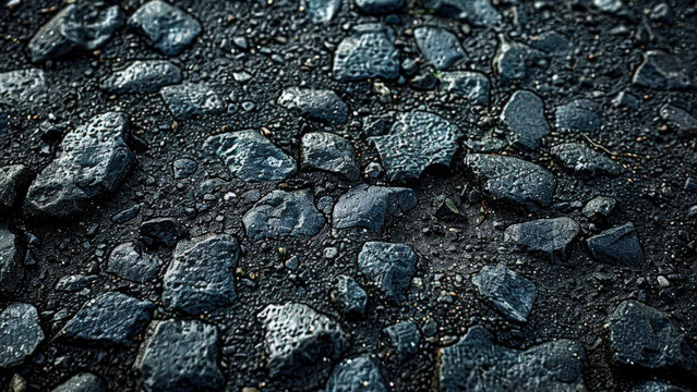 Unique texture of wet asphalt with scattered stones capturing morning light in an urban setting
