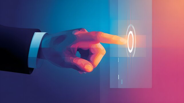 Human hand dressed in a formal suit pressing a digital screen element, with the fingertip initiating a touch action on a glowing futuristic interface.