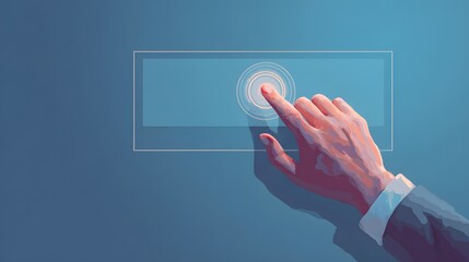 Human hand pressing the illuminated button on a digital interface, highlighting the concept of touch, interaction, and technology with a low-angle perspective against a dark background, emphasizing...