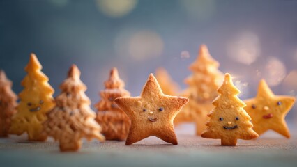 Close up of christmas tree and star shaped cookies with faces on a blurred blue background bokeh effect