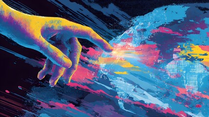 Human hand reaches towards a digital sphere, rendered with vibrant color transitions and a dot-matrix effect, representing connection and innovation, set against a dark background of abstract streaks.