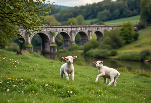 Two lambs frolic in a verdant meadow, the Chirk Aqueduct a tranquil backdrop,  animals,  meadow
