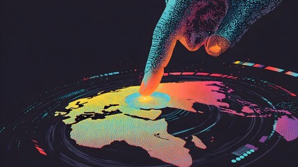 Digital illustration depicts a pixelated finger pointing towards a glowing point on a stylized, colorful map of the world, set against a dark backdrop with concentric circles and abstract data...