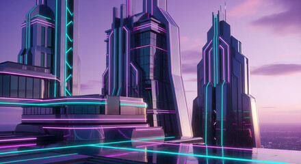 Close-up of Futuristic Cyberpunk Skyscrapers with Neon Blue and Pink Lighting at Dusk