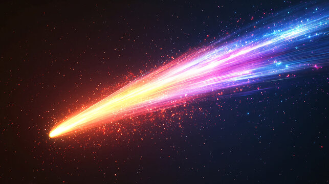 Vibrant cosmic streaking light trails with glowing particles ablaze across the starry expanse, a dynamic celestial spectacle