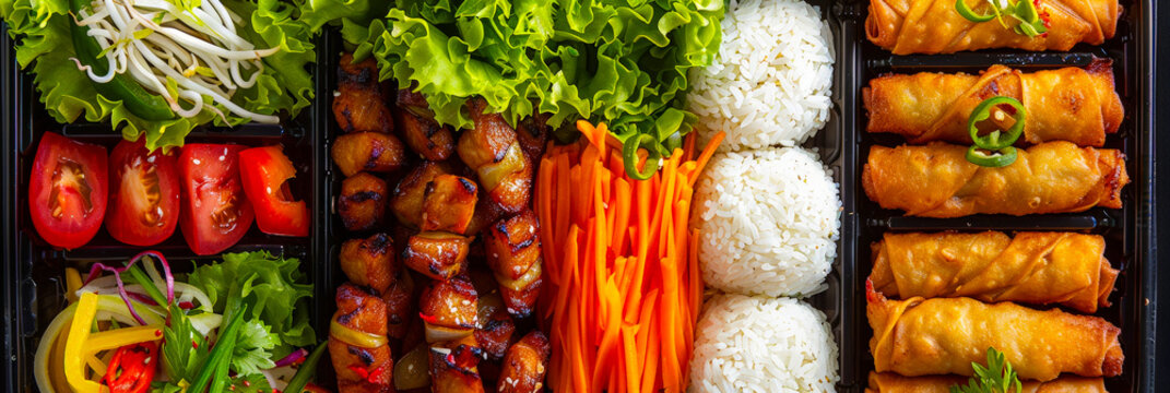 Delicious Vietnamese platter featuring spring rolls, rice, grilled meat, and fresh vegetables on a black tray