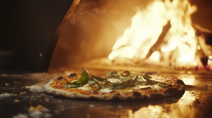 the irresistible aroma and captivating view of a freshly baked margherita pizza emerging from a fiery wood-fired brick oven