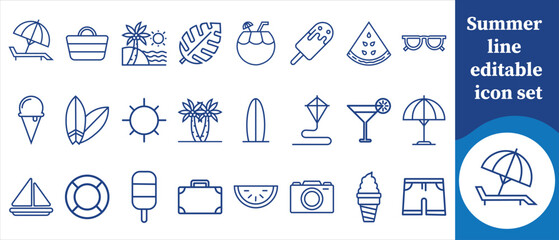 Summer line editable icon set, sun, sunshine, beach, palm tree, coconut tree, surfboard, ocean wave, seashell, starfish, beach umbrella, sunglasses, ice cream, popsicle and more