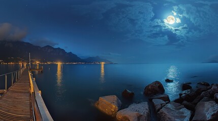a serene nocturnal panorama features a tranquil lake, illuminated by the soft glow of a full moon and distant city lights reflecting on the water