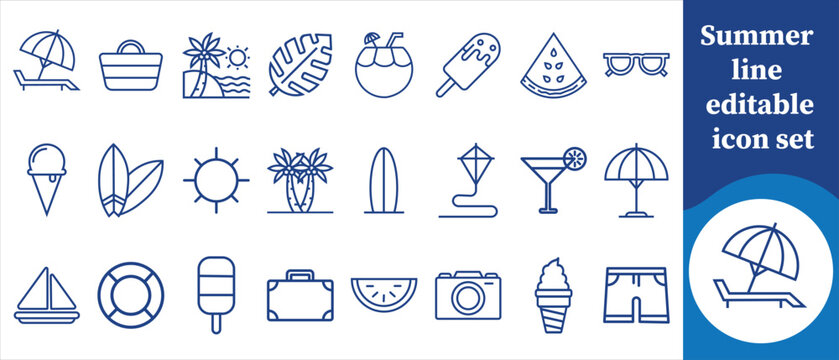Summer line editable icon set, sun, sunshine, beach, palm tree, coconut tree, surfboard, ocean wave, seashell, starfish, beach umbrella, sunglasses, ice cream, popsicle and more