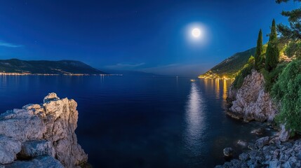 a captivating panorama of the adriatic coastline under the soft illumination of a full moon, showcasing nature's nocturnal beauty