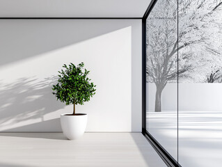 Fototapeta premium Minimalist christmas interior with green plant in white pot and large window showing snowy tree outside peaceful winter scene