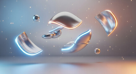 Abstract 3D Rendering of Floating Chrome Liquid Shapes with Neon Blue and Orange Edges