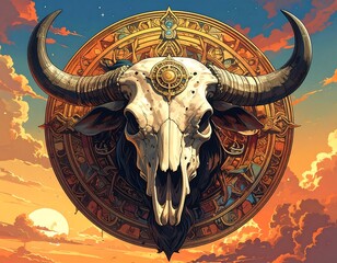 Artistic depiction of a skull with long horns against a sunset backdrop